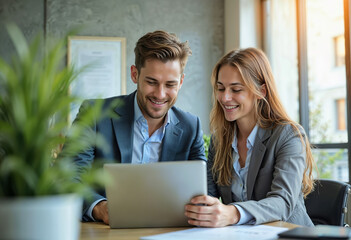 Smiling Business Professionals Collaborating on a Laptop in a Modern Office