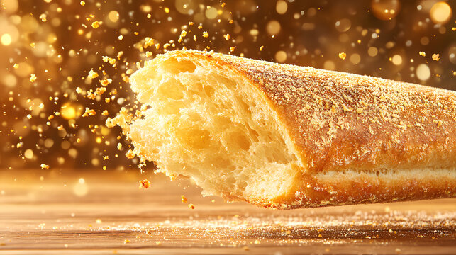 Freshly Baked Bread Crust with Golden Sprinkles on Wooden Table