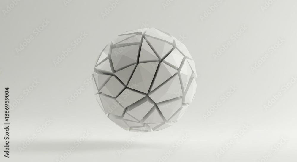 Poster abstract 3d render of a fragmented white sphere on a light gray background minimalist geometric desi