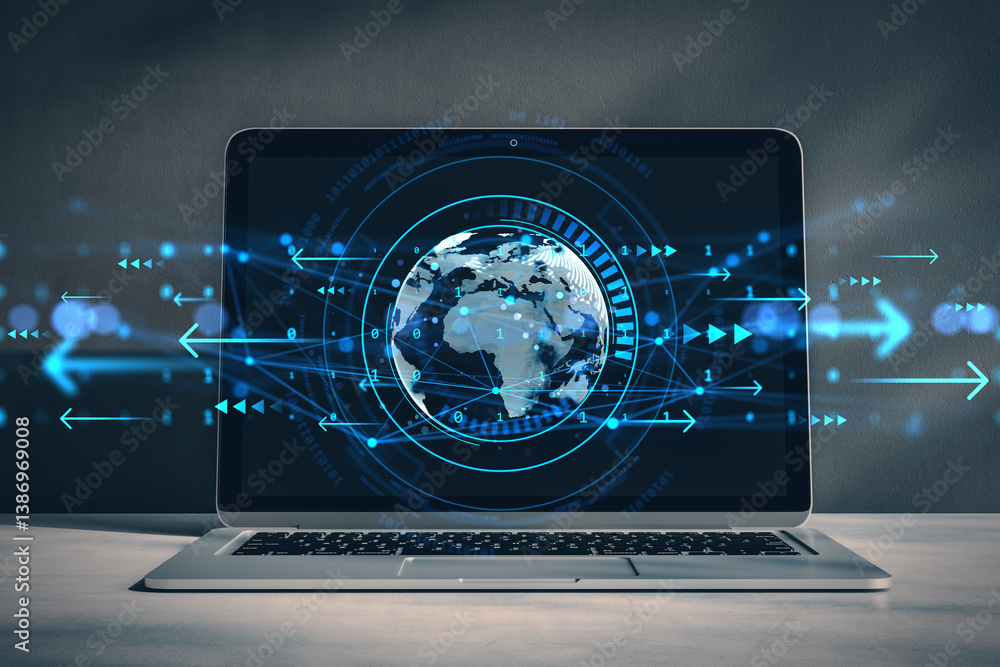 Fototapete Laptop on desk displaying digital globe hologram with global communication network and data flow concept in futuristic office environment. 3D Rendering
