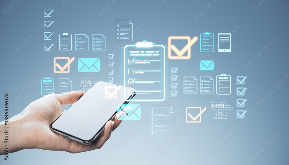 Poster hand holding smartphone with digital checklist and email icons representing business technology and 