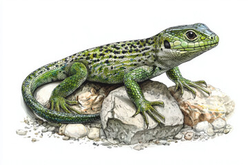 Obraz premium A biological illustration of Lacerta lepida (the sand lizard), showcasing its habitat and characteristics