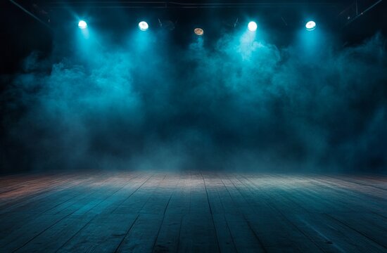 Empty stage lit by spotlights with teal smoke