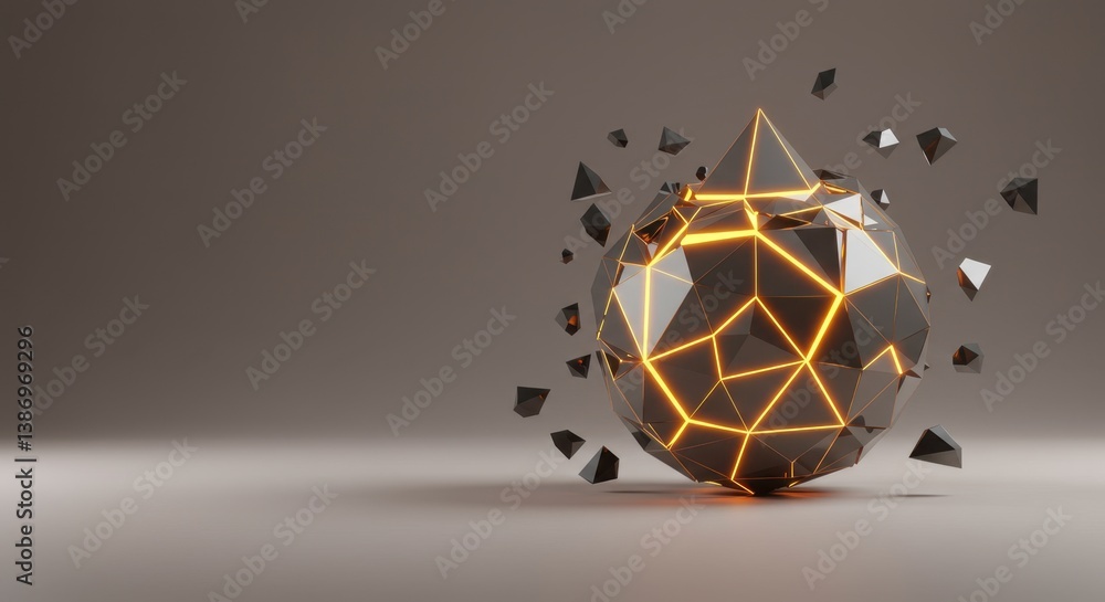 Poster abstract 3d render of glowing black geometric sphere disintegrating into fragments