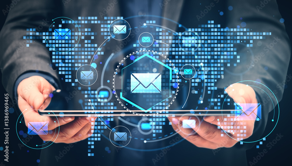 Poster businessperson holding tablet with digital email icons and world map background representing global 