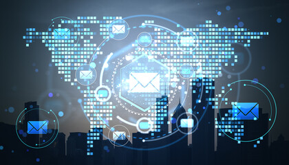 Digital email communication concept with holographic envelope icons over world map and city skyline in double exposure technology background.