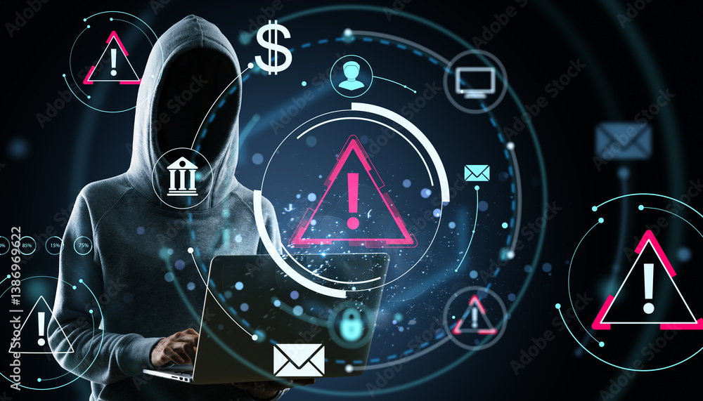 Poster Cybersecurity threat concept with hooded person using laptop surrounded by digital warning icons and tech symbols on dark background..