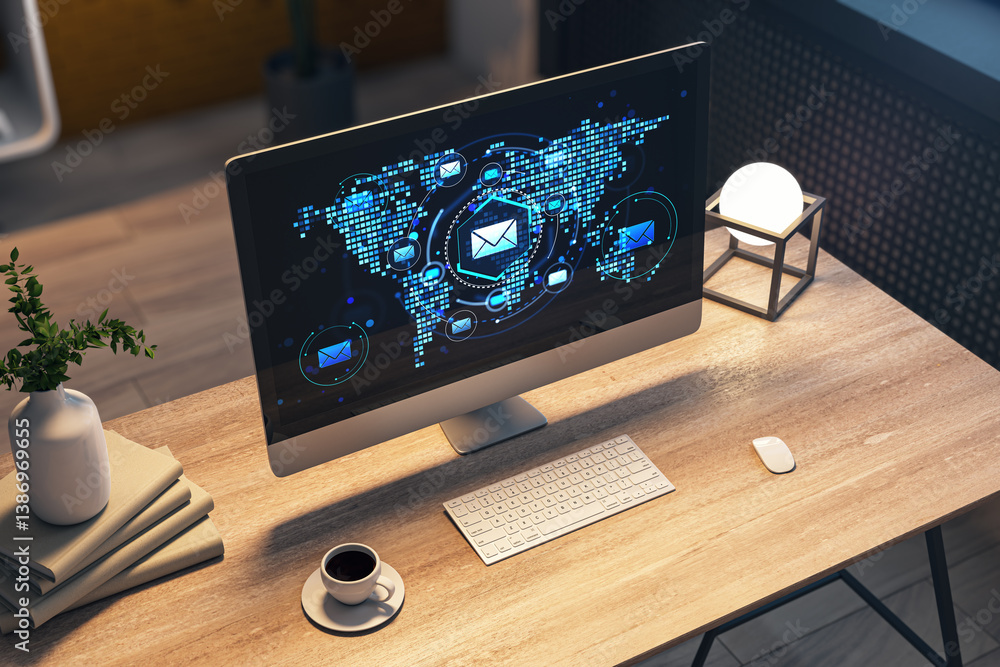 Poster Digital email communication concept on desktop monitor in modern workspace with soft light and technology background, showing global business. 3D Rendering