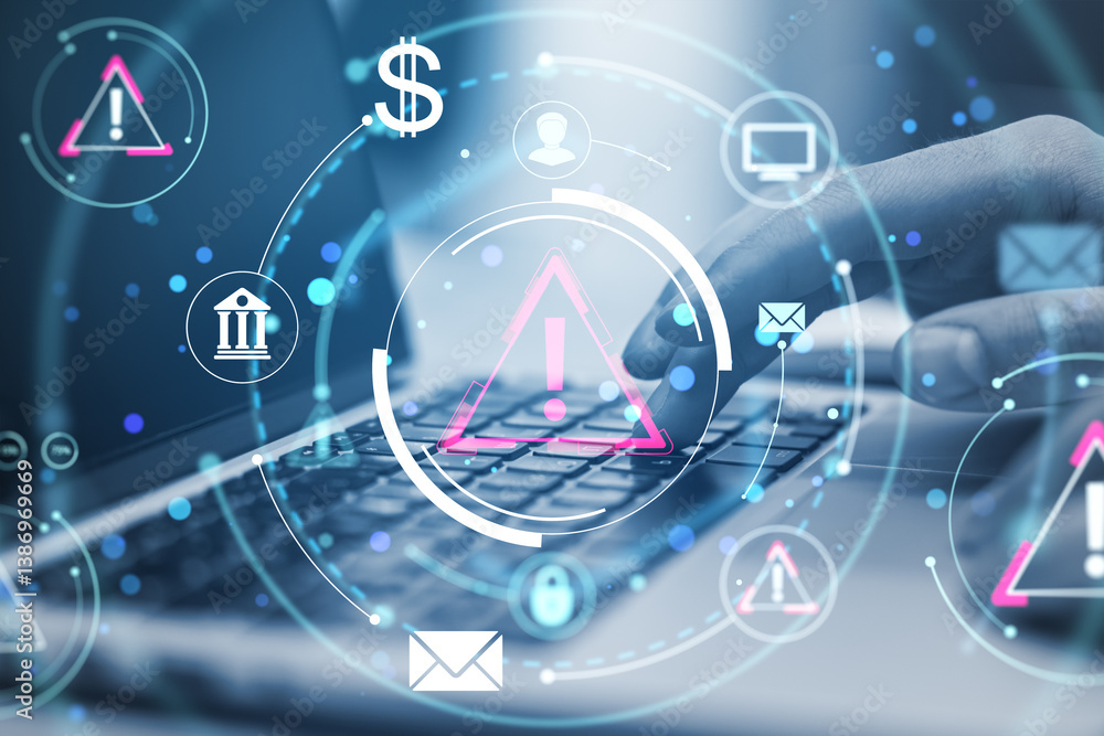Poster cybersecurity warning concept with businessperson typing on laptop surrounded by digital icons on li