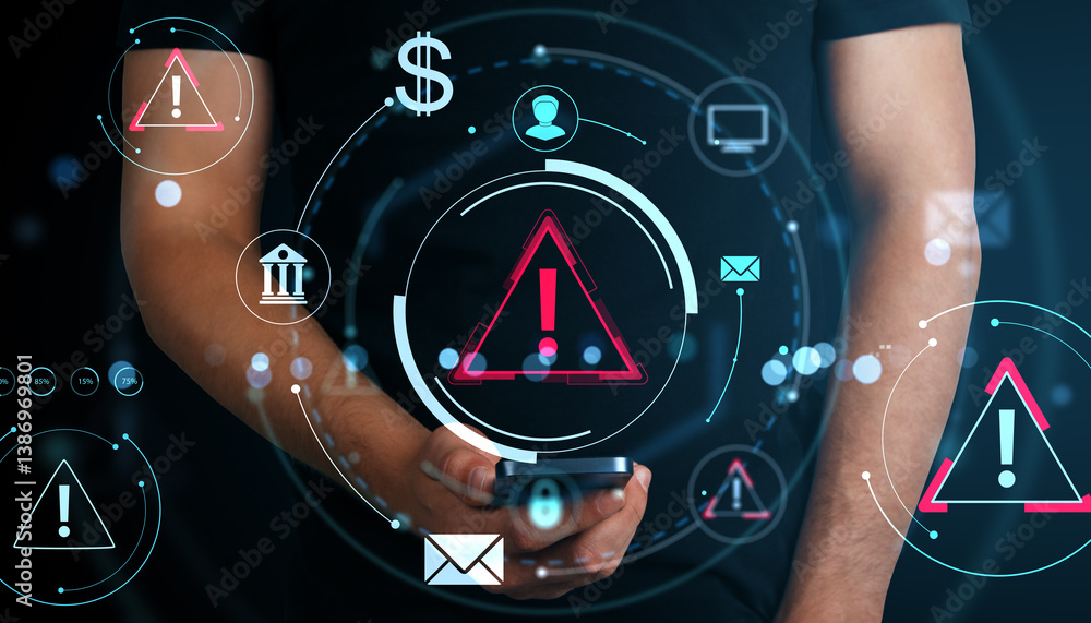 Poster Cybersecurity warning concept with digital alert symbols and person using smartphone in a futuristic interface on dark tech background.