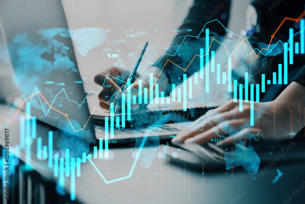 Poster businessperson analyzing digital financial data with technology interface on light background, highl