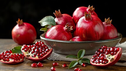 A bowl of red pomegranates with some of them cut open. The bowl is on a wooden table
