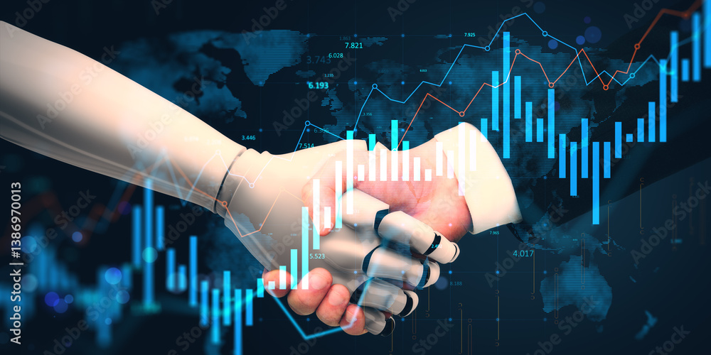 Aufkleber human hand shaking robotic hand with financial chart overlay on dark technology-themed background re