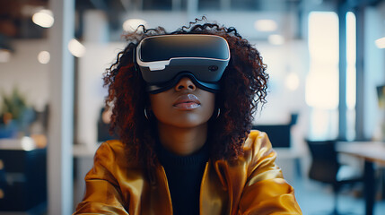 A tech entrepreneur testing a new virtual reality headset, modern office environment with VR interface and immersive digital experiences, High-tech style