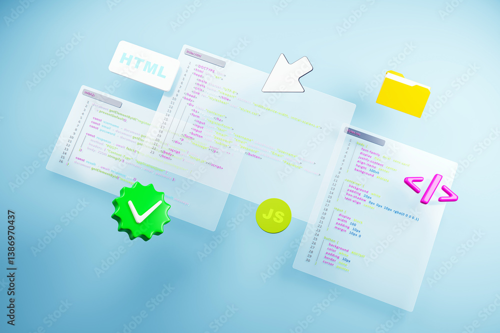 Fototapete Creative 3D rendering of HTML, CSS, and JS web development interface with colorful icons on light blue background representing coding and programming concepts. 3D Rendering