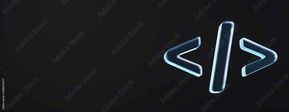 Aufkleber Glowing 3D code brackets on dark background representing programming and futuristic technology concept with creative business light effect. 3D Rendering