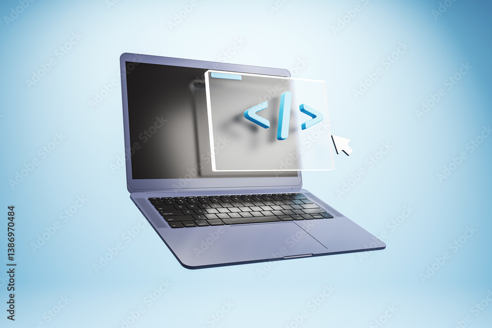 Leinwandbilder Laptop with floating code window and cursor symbolizing programming concept on blue background in creative technology business setting. 3D Rendering