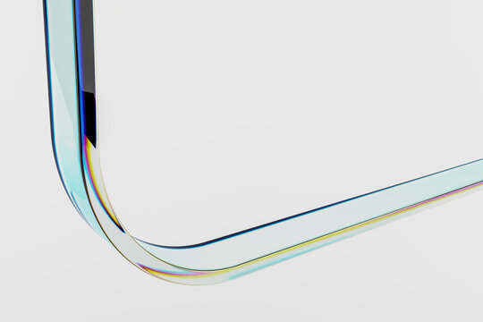 Transparent curved glass frame with iridescent edges over light background, minimalistic abstract concept for modern digital interface design. 3D Rendering