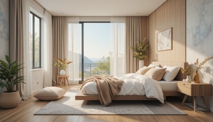 Fototapeta premium Sophisticated bedroom interior with minimalist wooden design and natural light