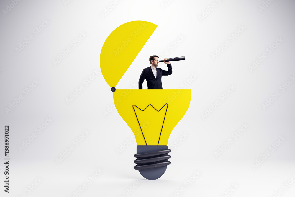 Poster businessman looking through telescope emerging from large yellow lightbulb symbolizing vision and in
