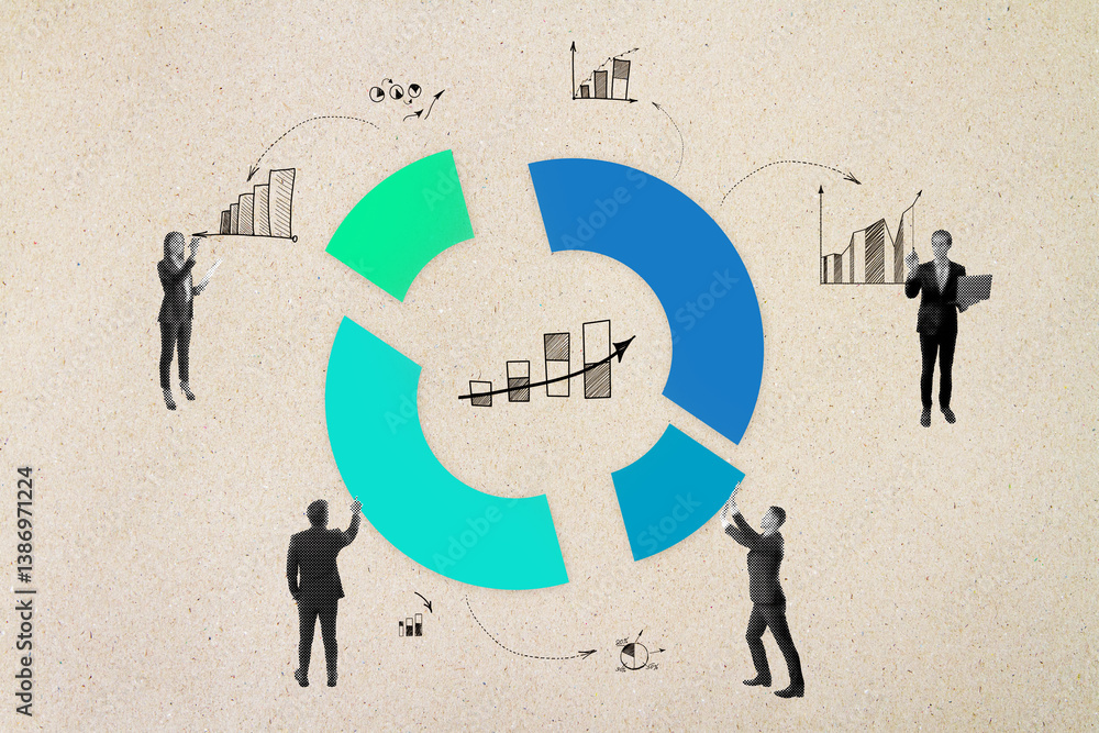 Aufkleber businesspeople interacting with pie chart and various graphs on textured background in abstract busi