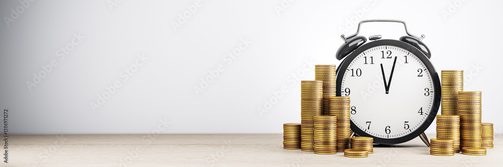 Aufkleber alarm clock surrounded by stacks of golden coins symbolizing time and money on a light wooden surfac
