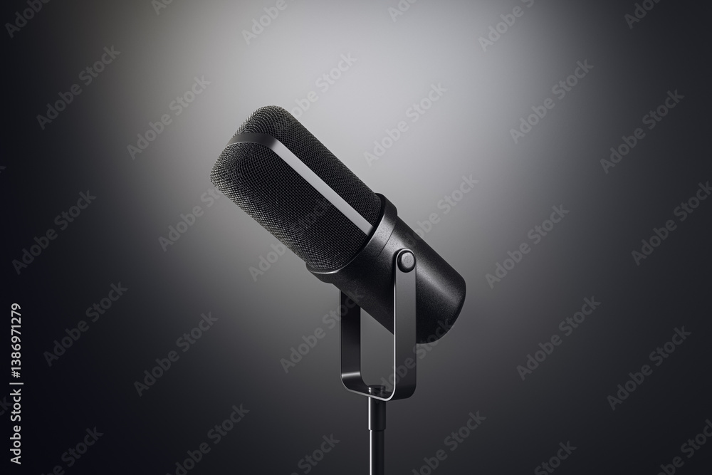 Poster Modern black podcast microphone with mesh grille on gradient background representing sound technology and broadcasting concept. 3D Rendering