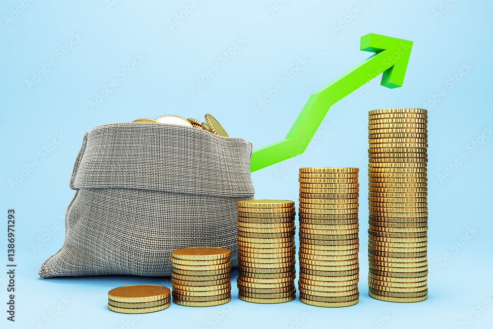 Aufkleber Gold coins stacked in increasing order with green upward arrow showing financial growth on light blue background. 3D Rendering. 3D Rendering