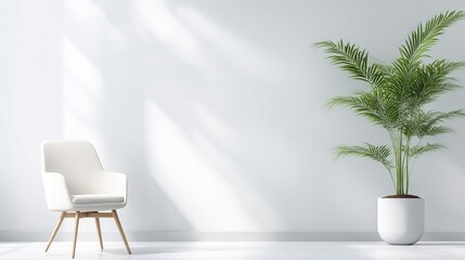 A white armchair with light wood legs sits in a minimalist room. A potted palm plant stands beside it. The image is brightly lit, high-resolution, and features a clean, modern aesthetic. The colors