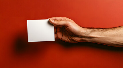 Obraz premium Hand Holding Blank Card Against Vibrant Red Background