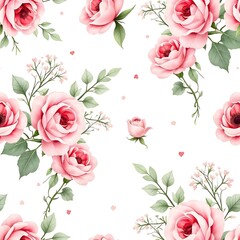 Romantic seamless floral pattern with blush pink roses, baby&rsquo;s breath, and ivy for wedding design

