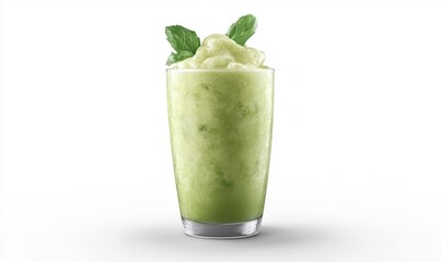 Refreshing green smoothie in glass, mint garnish, white background; ideal for healthy food blogs