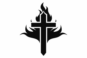 Christian cross with fire tongues silhouette vector.