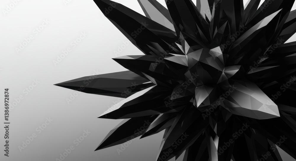Poster abstract black crystal structure: geometric 3d render of sharp, pointed polygons