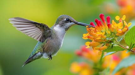 Naklejka premium Hummingbird Feeds on Flowers