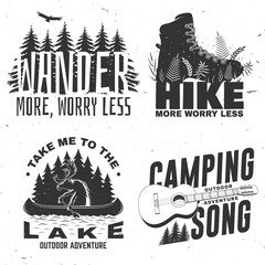 Obraz premium Take me to the lake. Camping quote. Vector. Concept for shirt or logo, print, stamp or tee. Vintage typography design with moose in canoe, lake and forest silhouette. Summer camp.