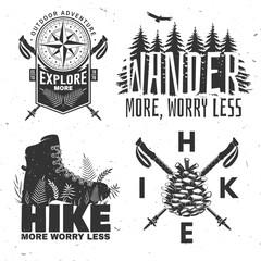 Take me to the lake. Camping quote. Vector. Concept for shirt or logo, print, stamp or tee. Vintage typography design with compass, hiking poles, hiking boot, pine cone and forest silhouette.