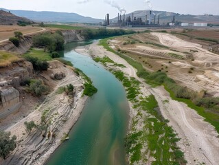 Industrial Riverbank Scene with Lush Greenery and Dusty Terrain under Factory Pollution