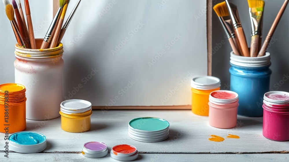 Poster a table with many different colored paint jars and paintbrushes. the jars are of various sizes and c