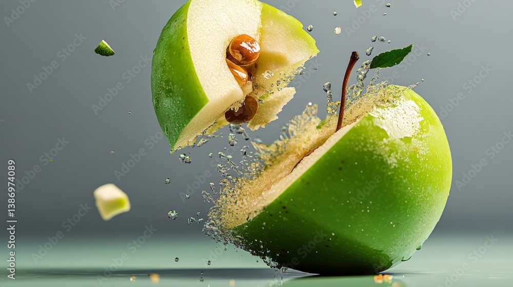 Poster a green apple is sliced in half and has a few pieces of it floating in the air. concept of motion an