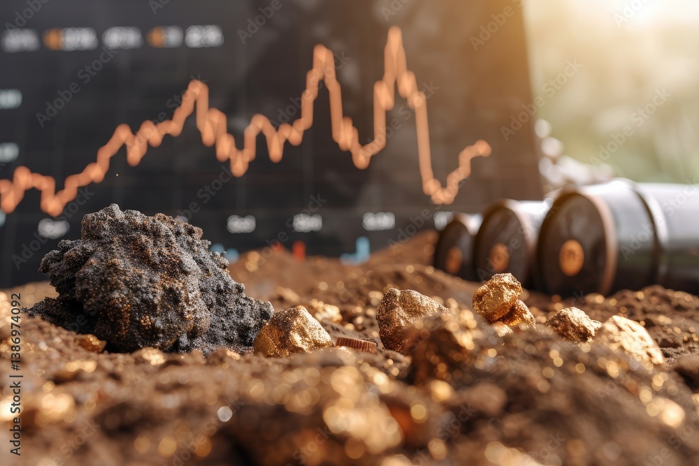 Poster wealth creation through investment in gold and mining with financial chart background