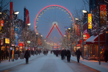 Obraz premium A vibrant scene at the Quebec Winter Carnival, snowy and festive, cultural theme