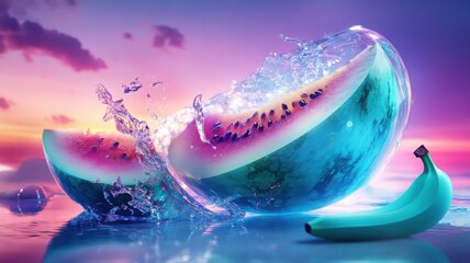 Surreal fantasy fruit landscape with electric blue watermelon and turquoise banana. Generative AI