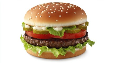 A gourmet burger with lettuce, tomato, and a juicy beef patty. Featuring flavor and indulgence