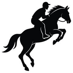 Equestrian Horseback Riding Silhouette With Rider Jumping Gracefully Vector Illustration.