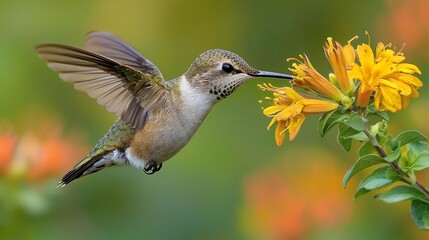 Fototapeta premium Hummingbird Sipping Nectar, Garden Bloom