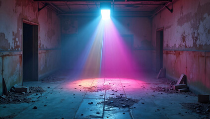 Desolate Corridor With Crumbling Walls Illuminated By Dramatic Multicolored Spotlight Cutting Through Dusty Air And Debris Scattered Floor