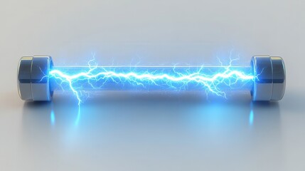Energy tube glowing, electric arc, white background, science concept, futuristic technology