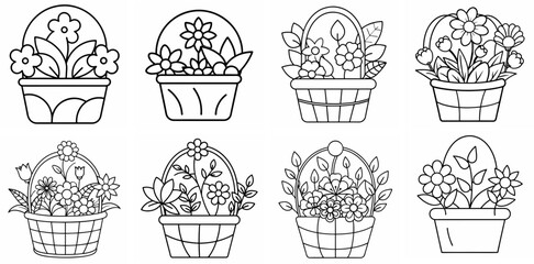 Basket with Flowers Outline Coloring Book Page Line Art Drawing