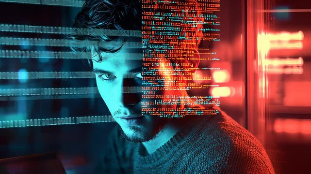 Young Programmer Focused on Code with Glowing Red and Blue Binary Data on Digital Screen

